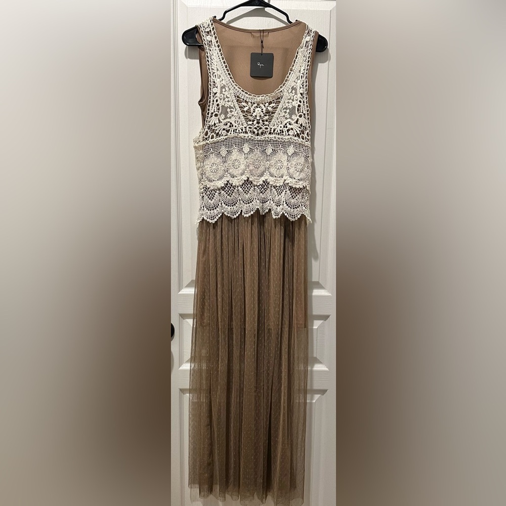 NWT Anthropologie | Ryu: Crochet Lace Overlay + Swiss Dot Tulle Maxi Dress ZB8